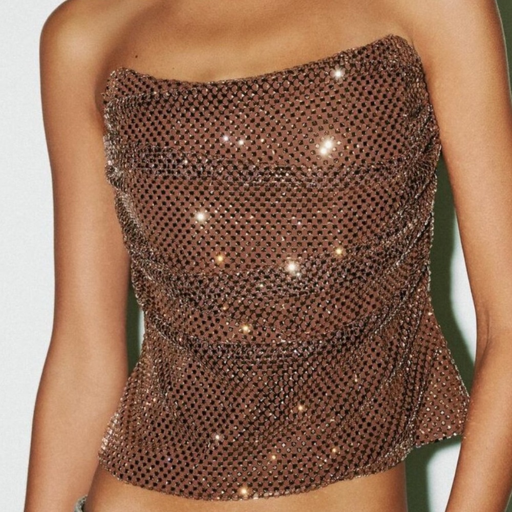 Copper brown embellished rhinestone draped bustier